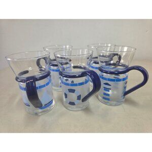 Inspiration Glass Mugs Set of 5 Blue Nautical 10oz Cap Removable Handles VTG Y2K